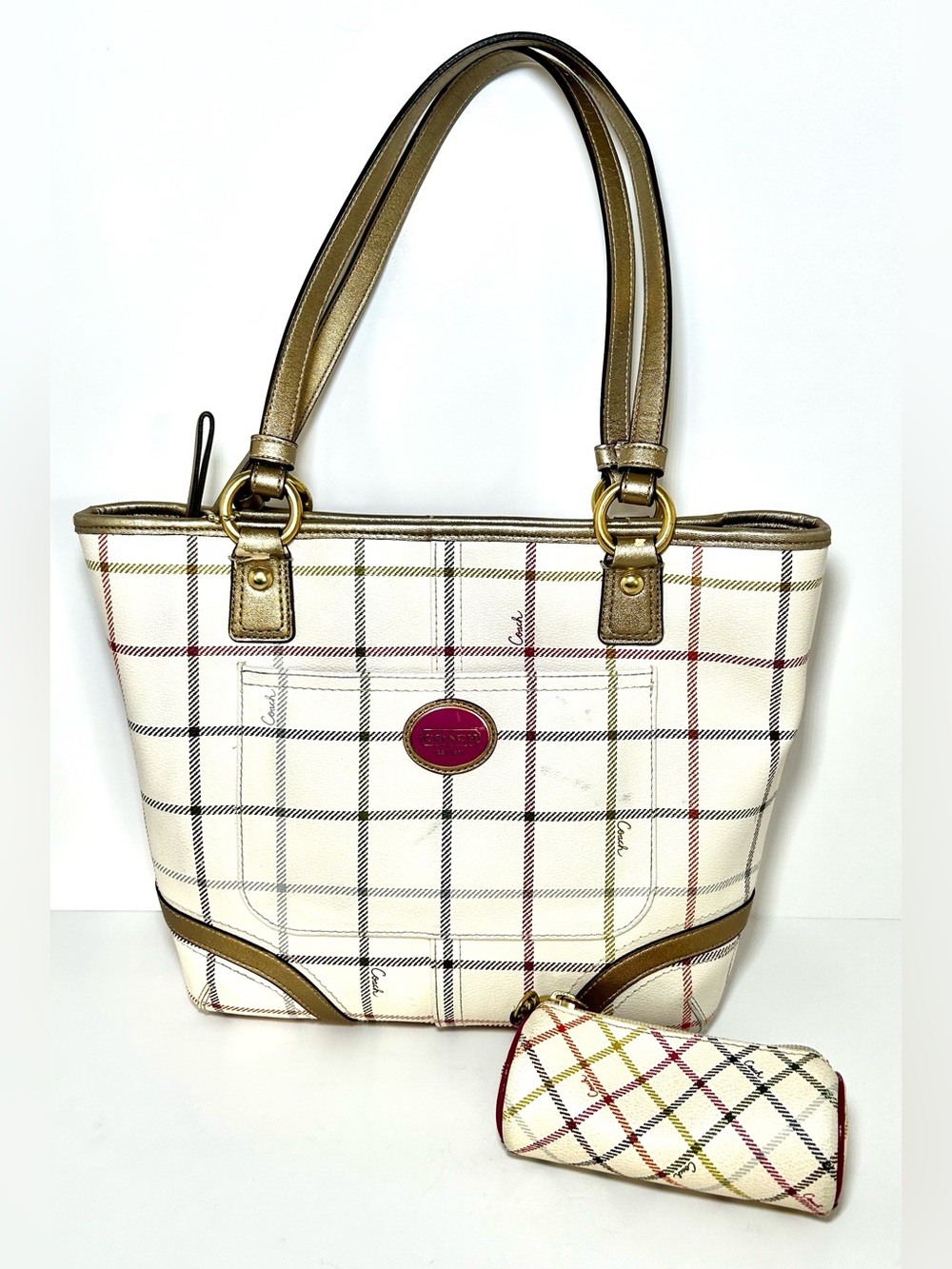 Coach Peyton Tattersall Tote Bag/Purse, With Small Makeup Bag.